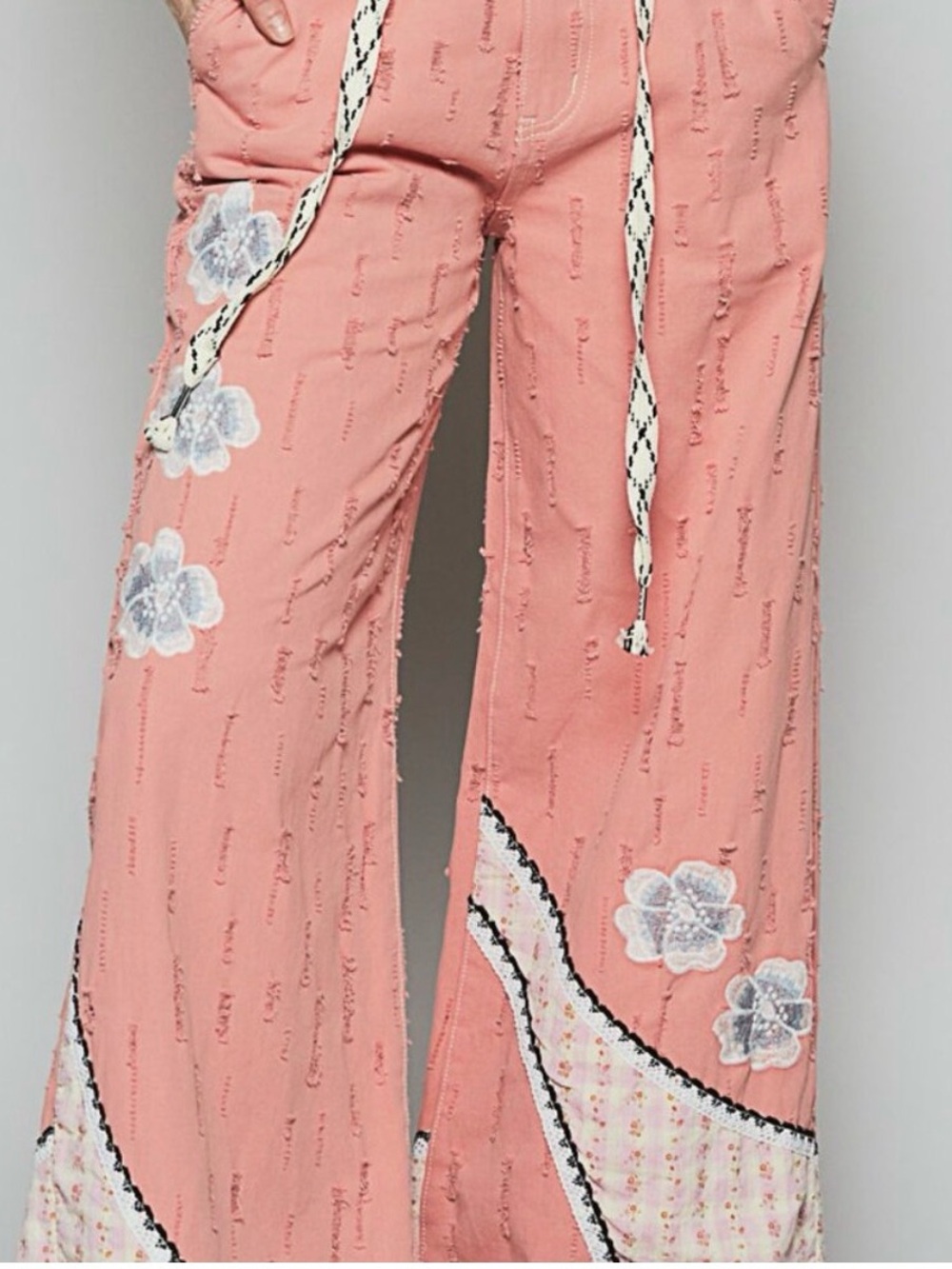 POL Pink Watermelon Patchwork Boho Embroidered Floral Wide-Leg Pants